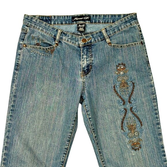 Womens Embroidered BOHO Jeans Size 11 Stretch Boot Hippie Rodeo Cowgirl Festival - Picture 1 of 13